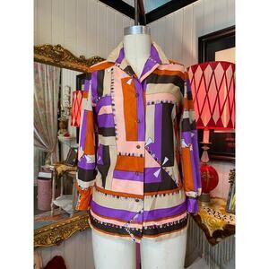 vintage 1970s button up shirt 70s blouse geometric rust and purple op art womens